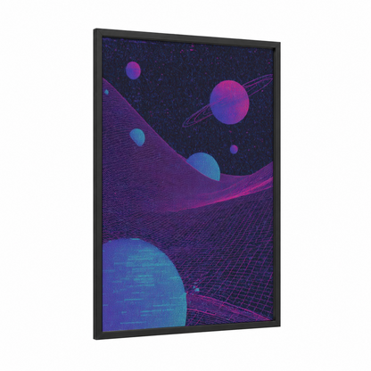 Neon Star System framed art print — black wood frame — magenta and blue palette