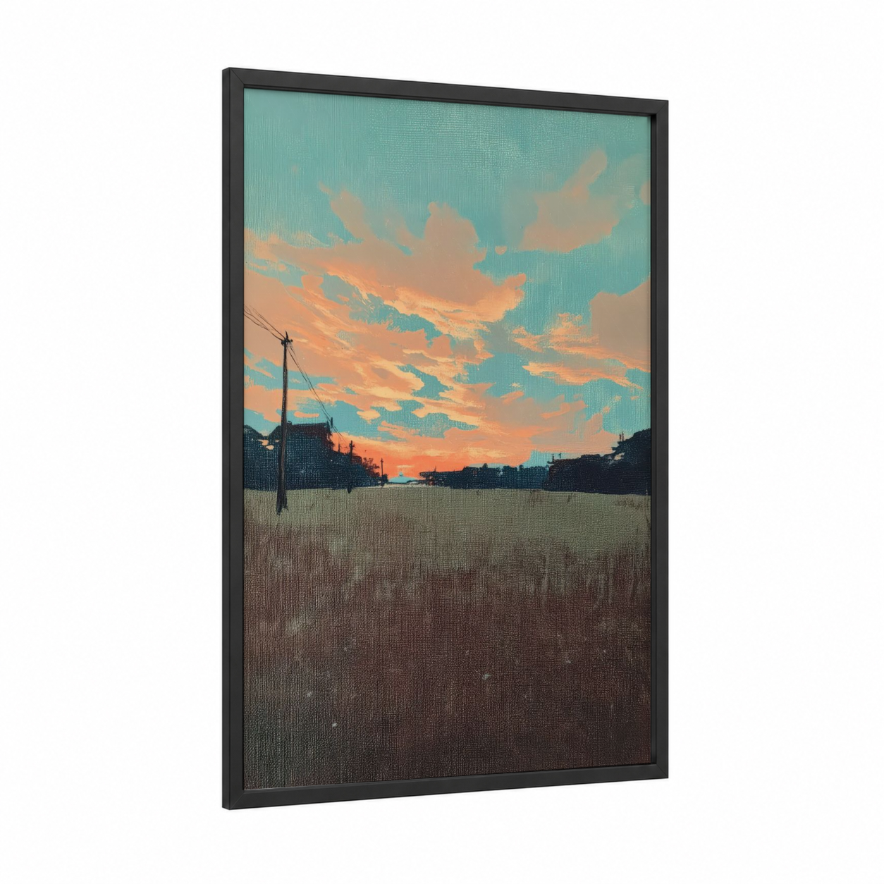 Golden Hour Fields framed various landscapes print — black wood frame — orange and teal palette