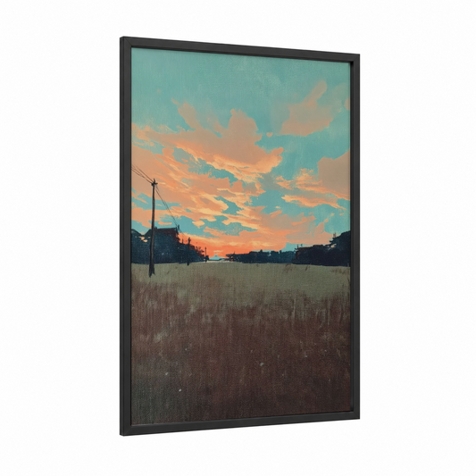 Golden Hour Fields framed various landscapes print — black wood frame — orange and teal palette