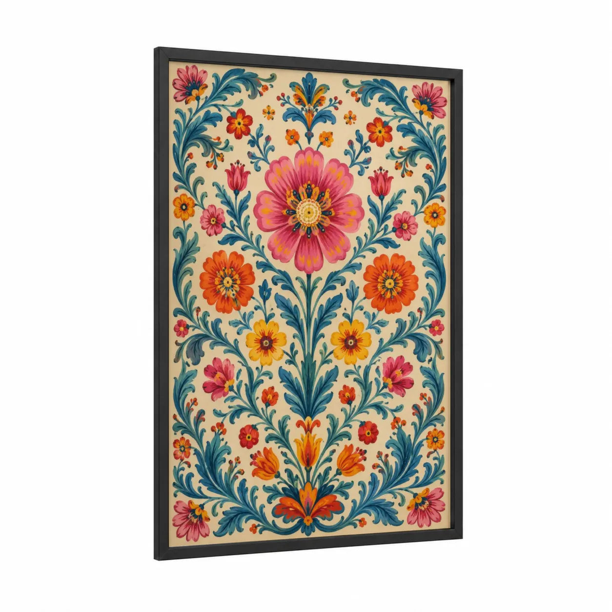 Vintage Floral Medallion Wall Art framed flower print — black wood frame — pink and orange palette
