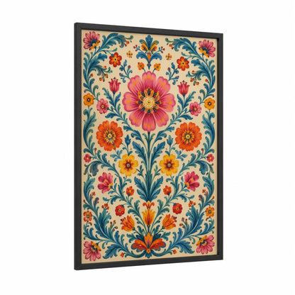 Vintage Floral Medallion Wall Art framed flower print — black wood frame — pink and orange palette