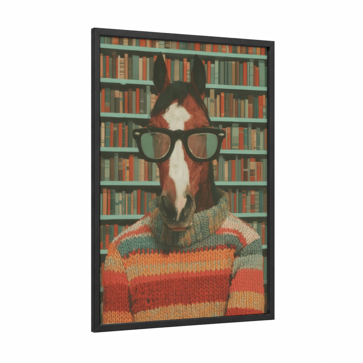 Intellectual Quarter Horse framed art print — black wood frame — sage green palette