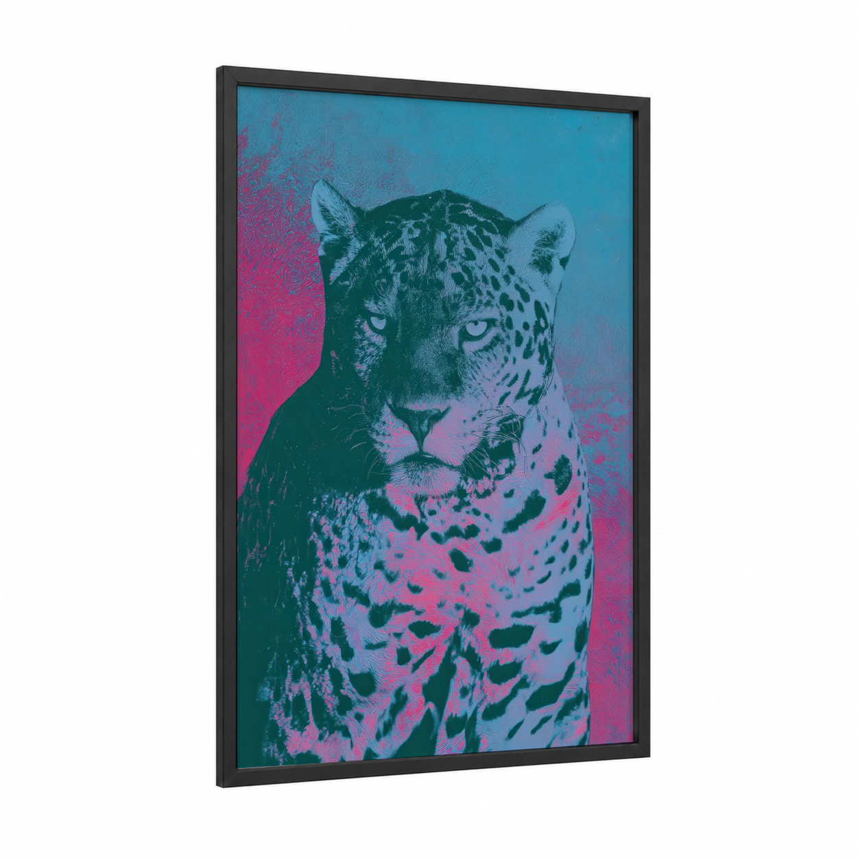 Neon Jaguar framed art print — black wood frame — magenta and teal palette