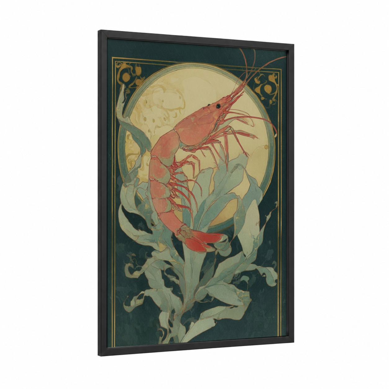Crimson Shrimp framed art print — black wood frame — salmon pink and gray palette