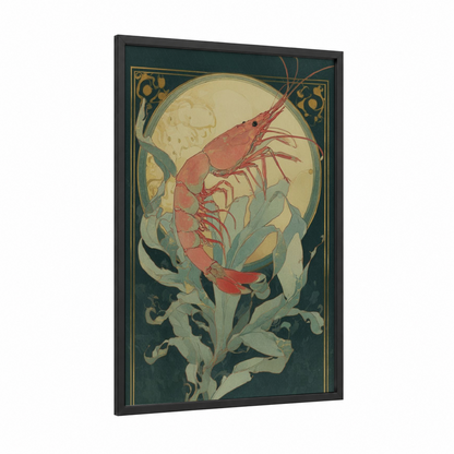 Crimson Shrimp framed art print — black wood frame — salmon pink and gray palette