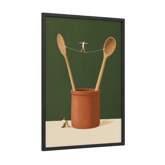 Tightrope Walker Kitchen Surrealism Wall Art framed cooking and baking print — black wood frame — olive and cream palette