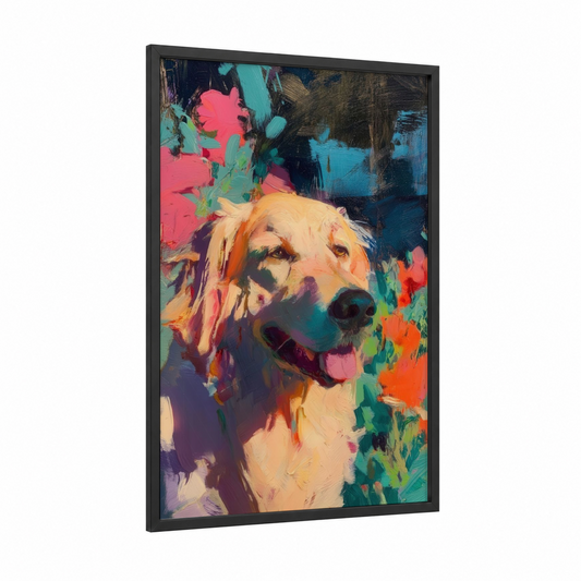 Joyful Retriever framed art print — black wood frame — orange and teal palette