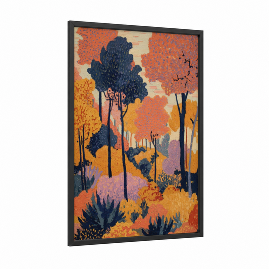 Autumn Grain Field framed art print — black wood frame — gold and orange palette