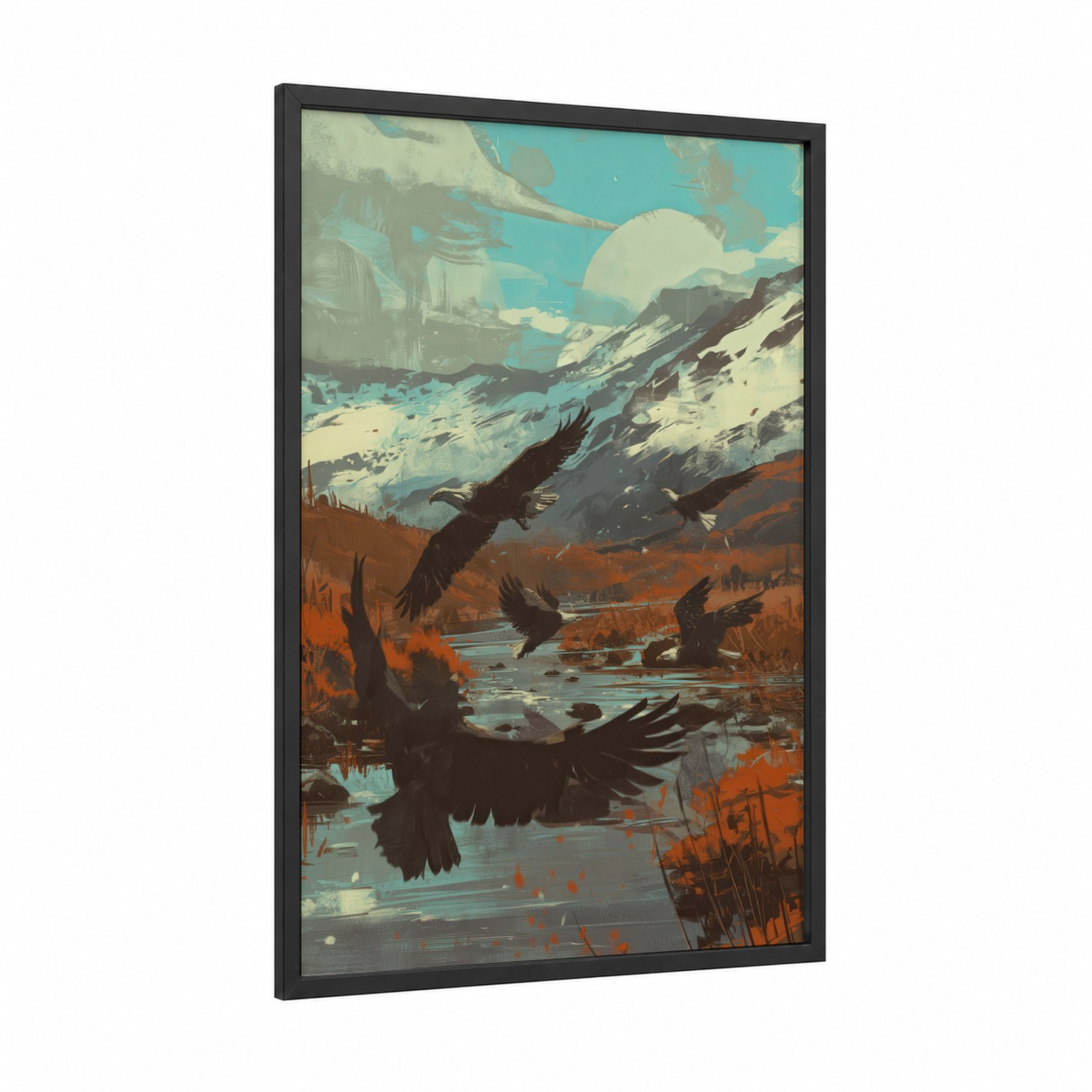 Alpine Eagles framed art print — black wood frame — blue and orange palette