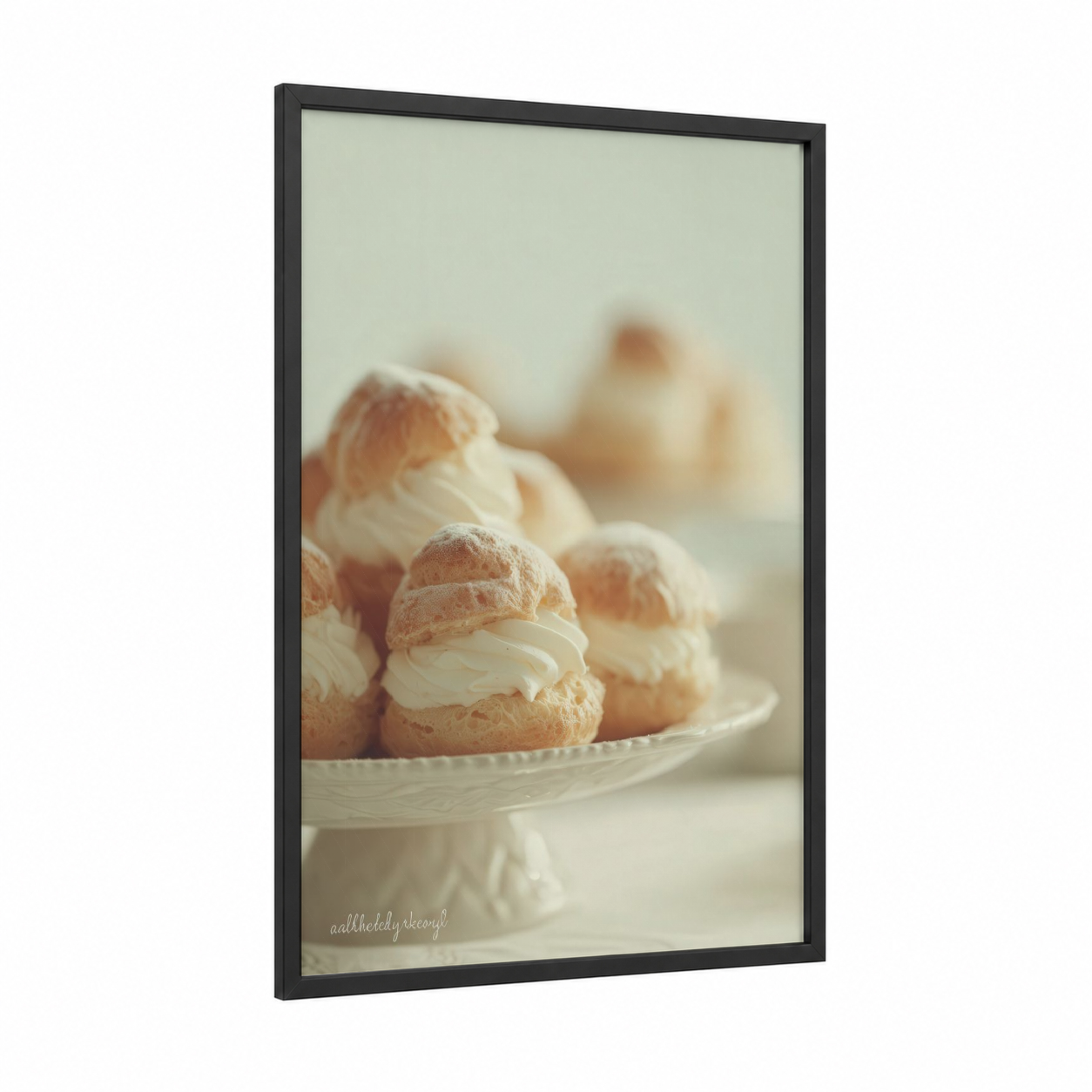 Cream Puff Elegance framed sweet print — black wood frame — cream and gold palette