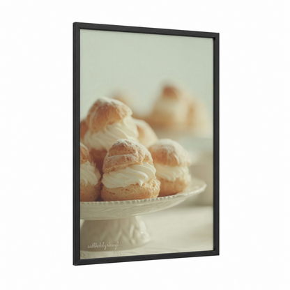Cream Puff Elegance framed sweet print — black wood frame — cream and gold palette