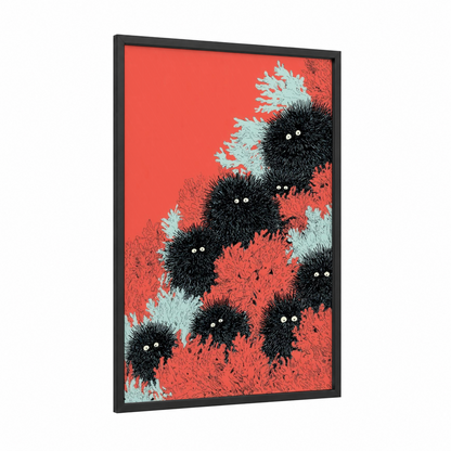 Spiky Sea Urchins framed art print — black wood frame — red and aquamarine palette
