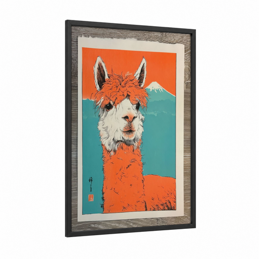 Snowy Alpaca Portrait framed art print — black wood frame — orange and teal palette