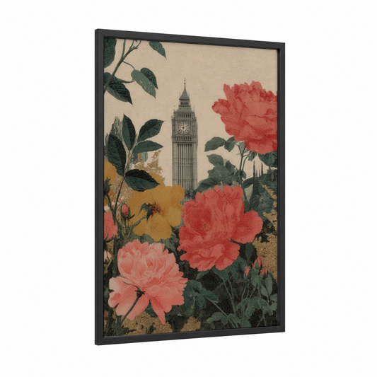 Floral Big Ben framed art print — black wood frame — rose gold and dark green palette