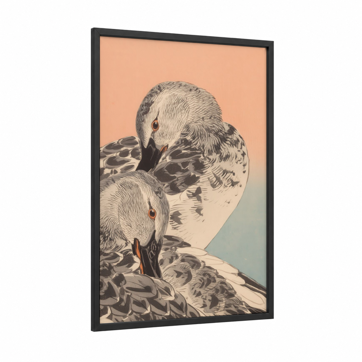 Serene Duck Pair framed ducks print — black wood frame — peach and beige palette
