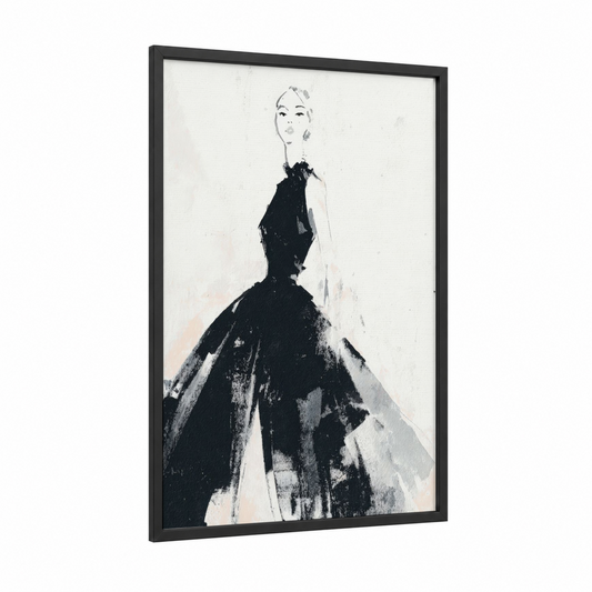 Elegant Evening Silhouette framed retro fashion print — black wood frame — black and white and cream palette