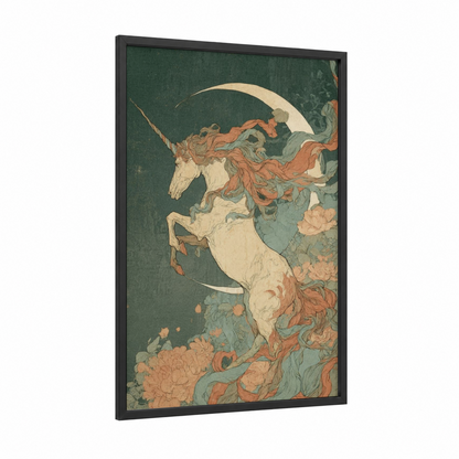 Celestial Unicorn framed unicorns print — black wood frame — dark green and peach palette