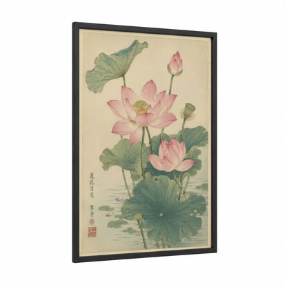 Pink Lotus Flower Botanical Wall Art framed art print — black wood frame — pink and green palette