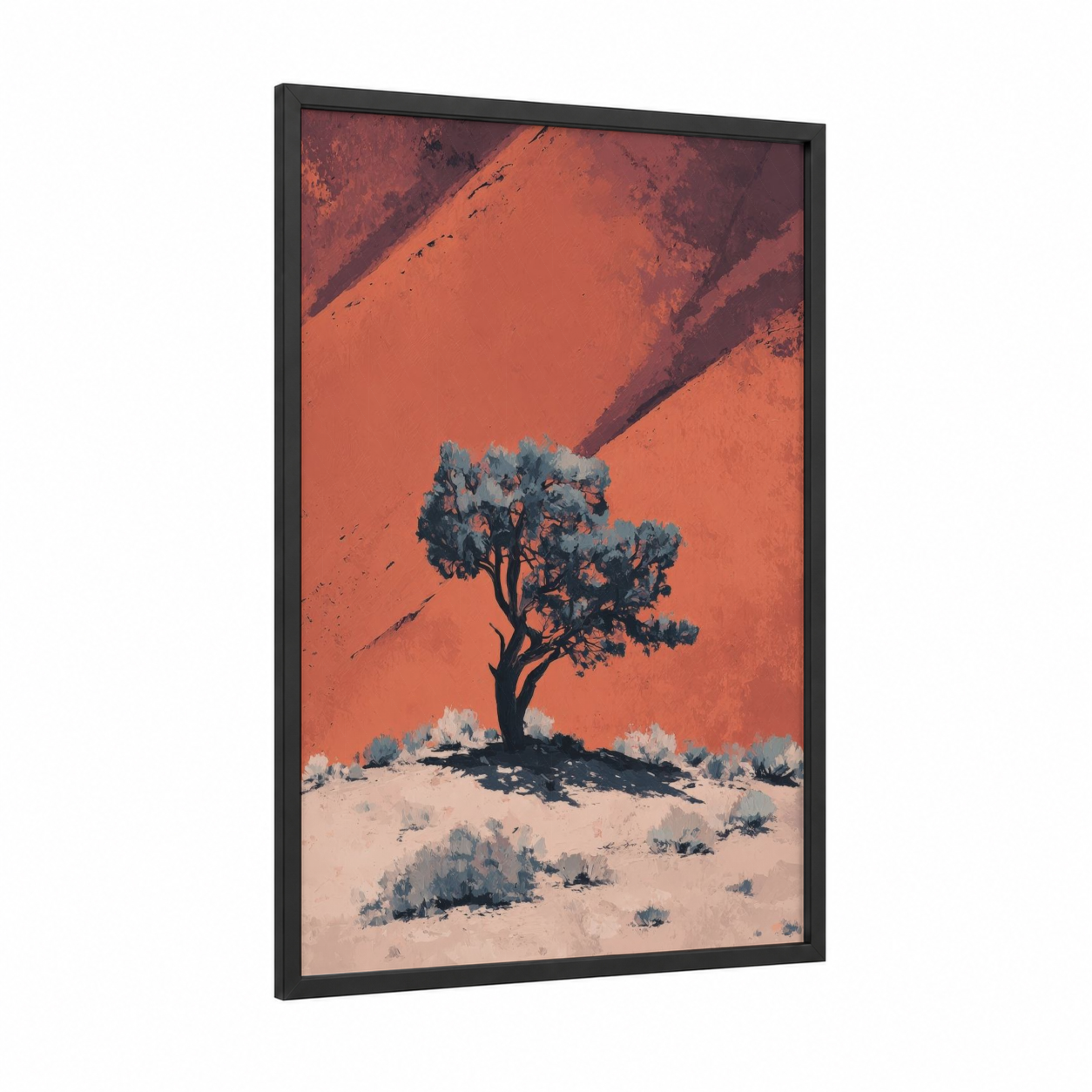 Desert Juniper framed juniper tree print — black wood frame — orange and gray palette