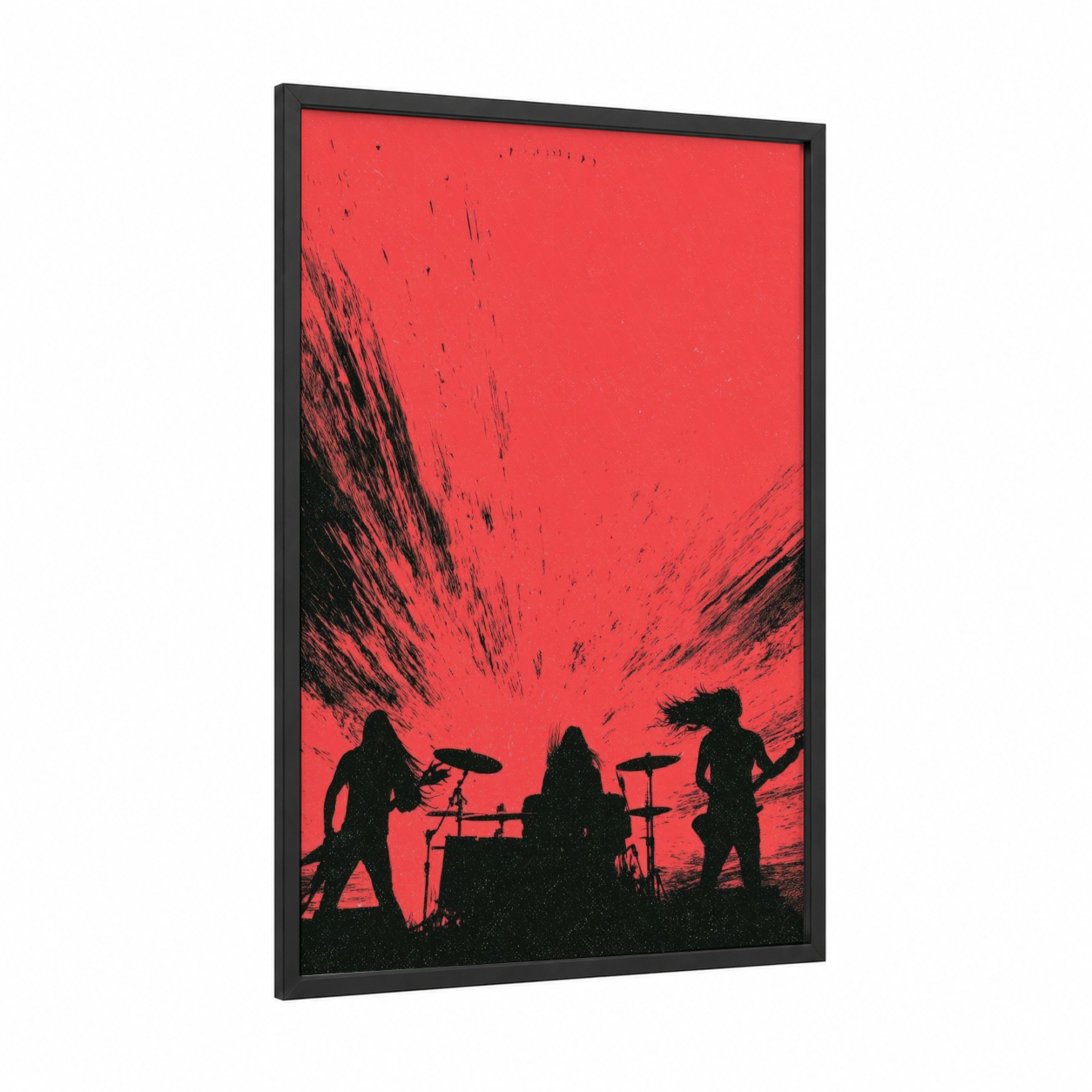 Crimson Stage Fury framed death metal print — black wood frame — red and black palette