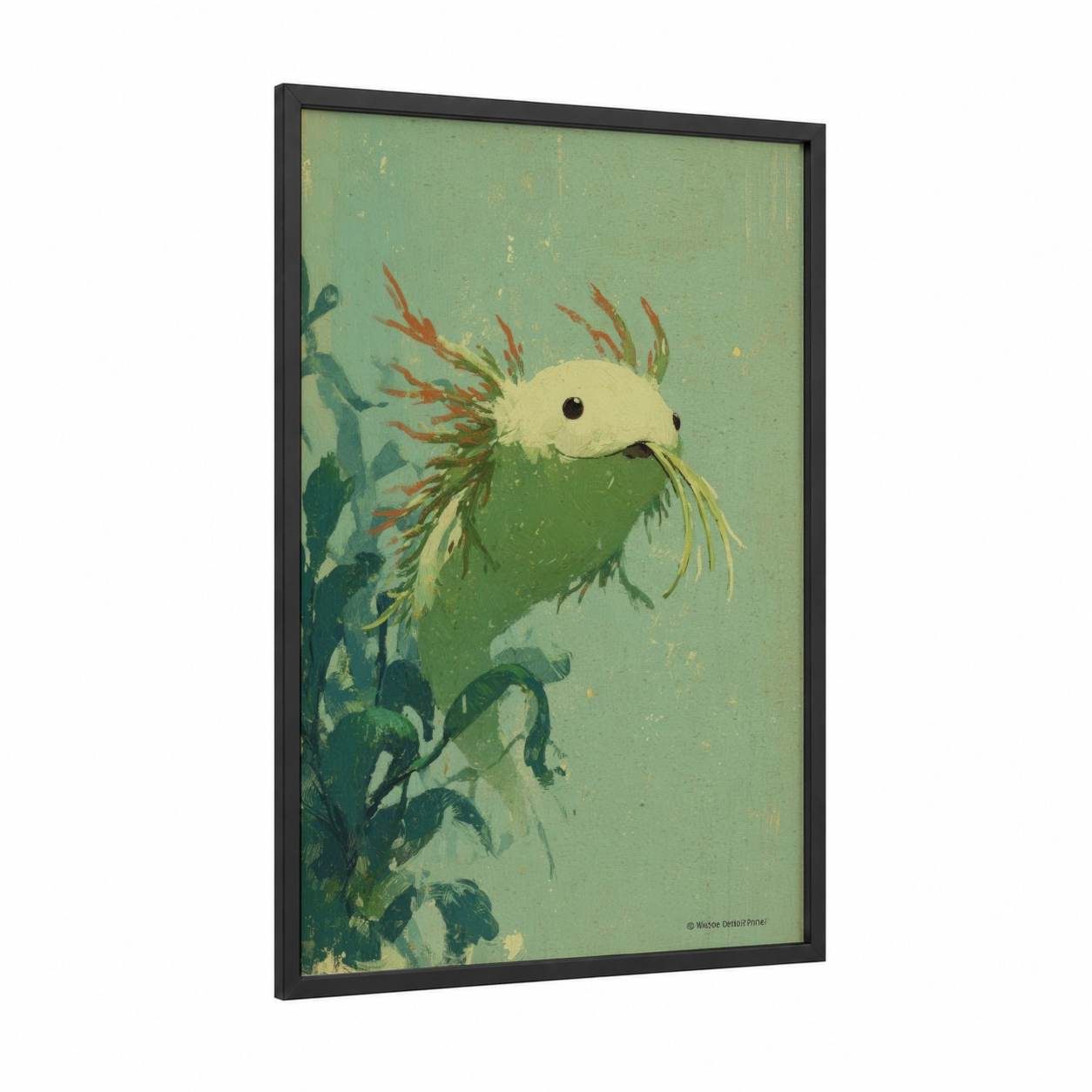 Jade Nudibranch framed art print — black wood frame — sage green and cream palette