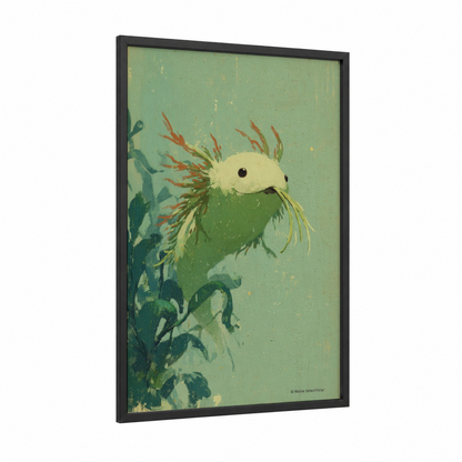 Jade Nudibranch framed art print — black wood frame — sage green and cream palette