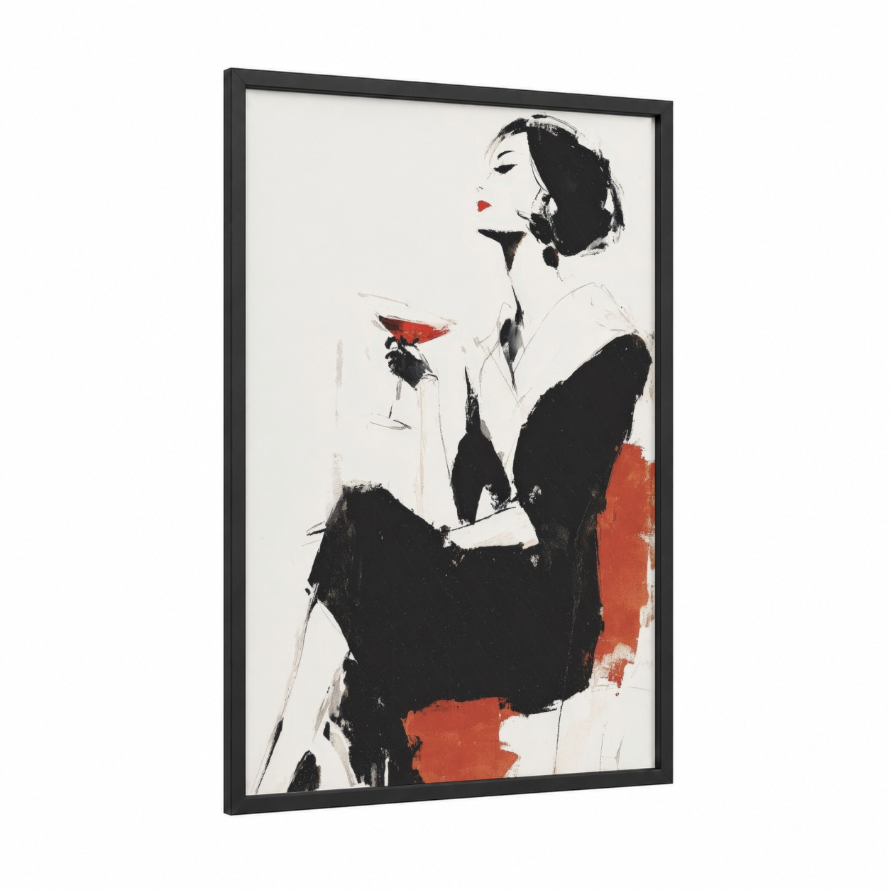 Glamour Cocktail framed art print — black wood frame — black and white and red palette