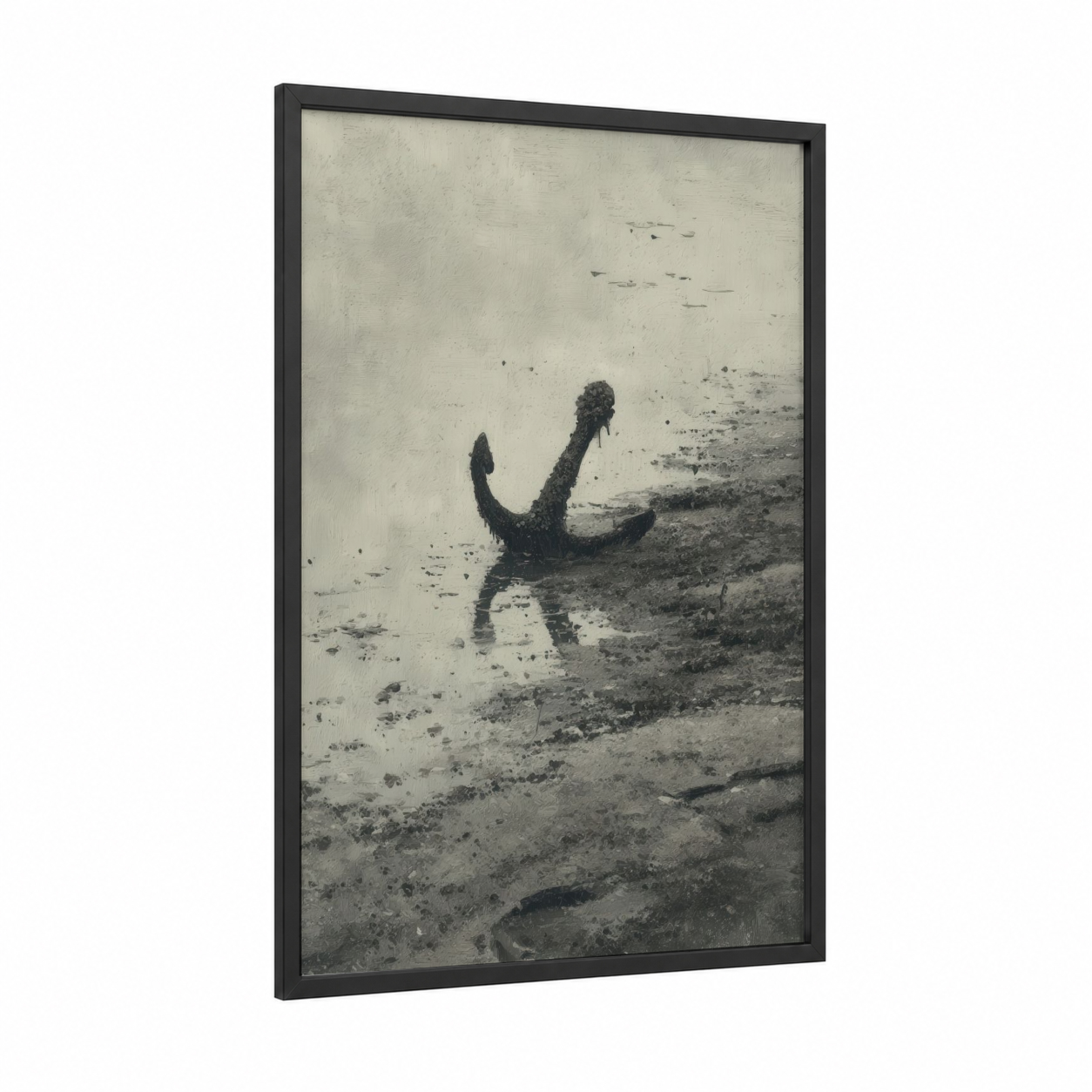 Weathered Anchor framed art print — black wood frame — gray and black and white palette