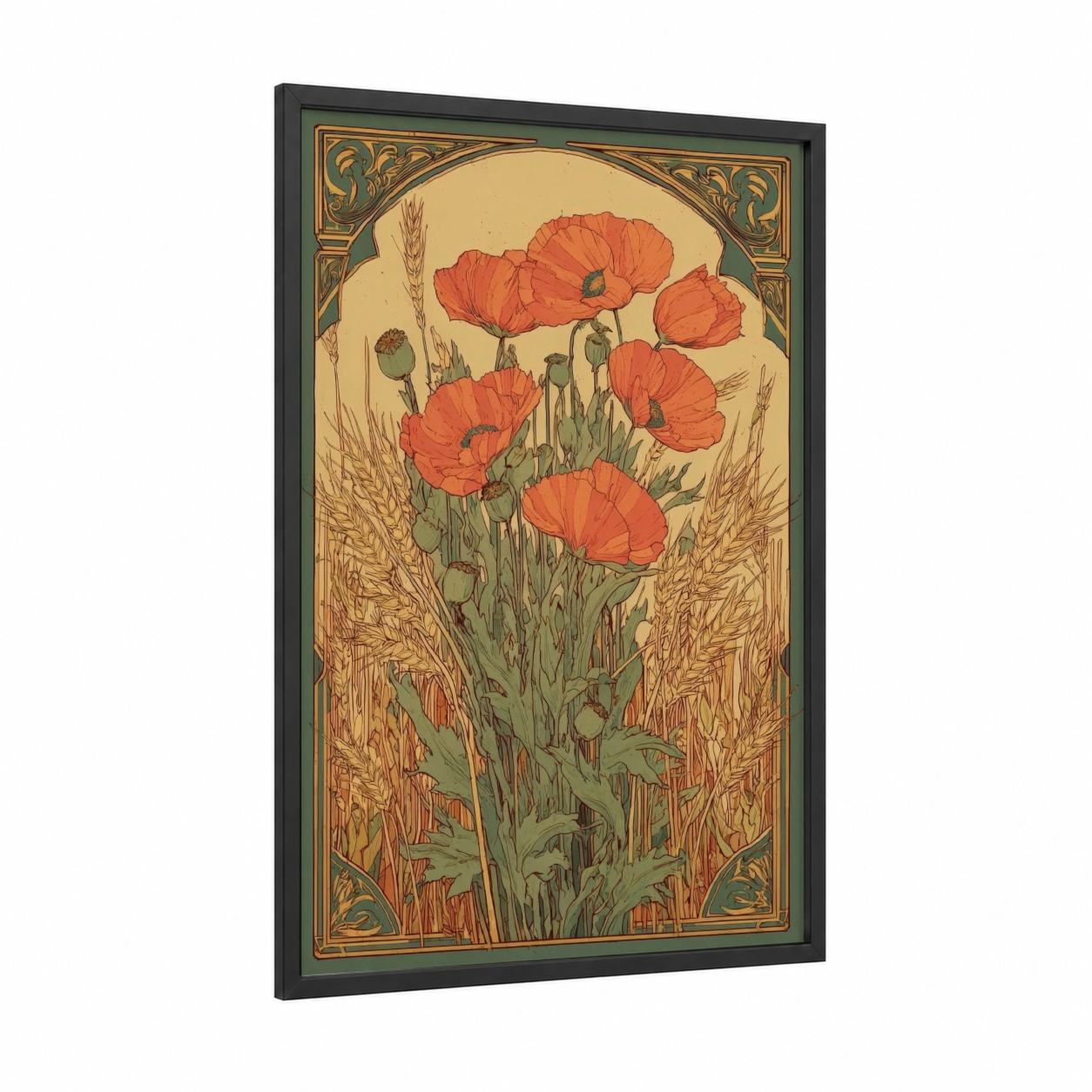 Poppy Grain Field framed art print — black wood frame — gold and russet palette