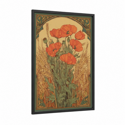 Poppy Grain Field framed art print — black wood frame — gold and russet palette