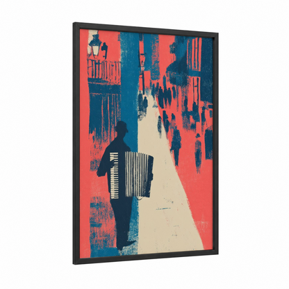 Urban Accordion framed art print — black wood frame — red and dark blue palette