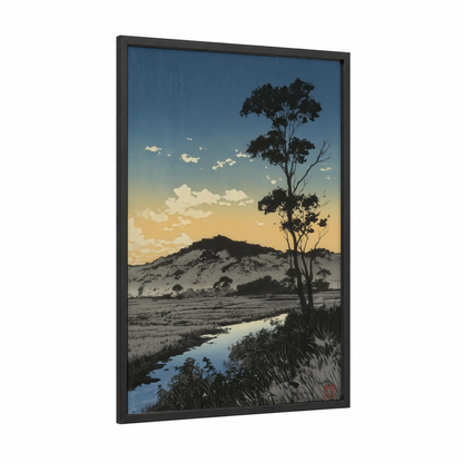 Savanna Sunset framed various landscapes print — black wood frame — blue and gold palette