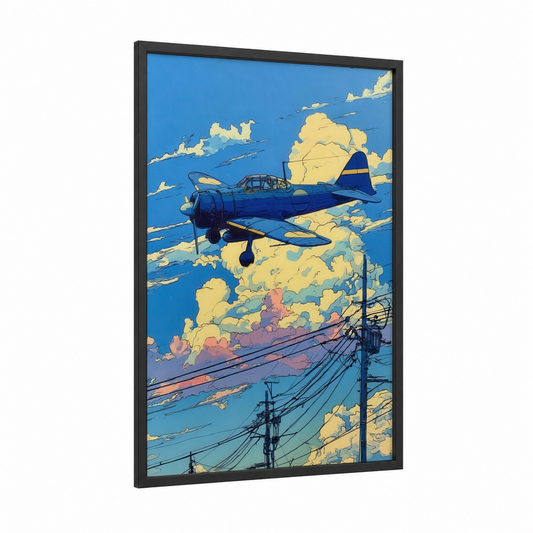 Blue Retro Flight framed vintage airplane print — black wood frame — blue and yellow gold palette