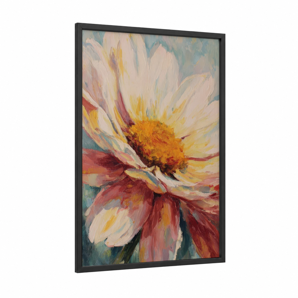Crimson Daisy Bloom framed art print — black wood frame — gold and red palette