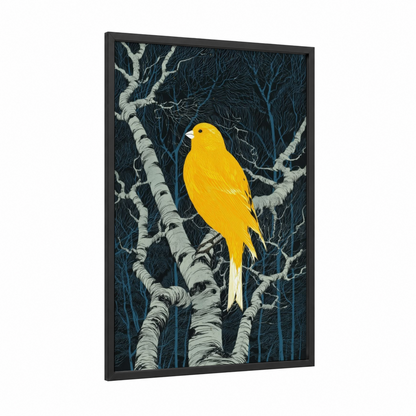 Golden Canary Perch framed canaries print — black wood frame — yellow gold and black and white palette