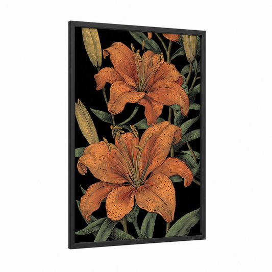 Spotted Tiger Lily framed art print — black wood frame — orange and black palette
