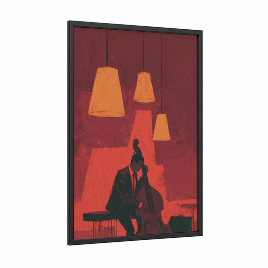 Jazz Cellist framed musician print — black wood frame — maroon and gold palette