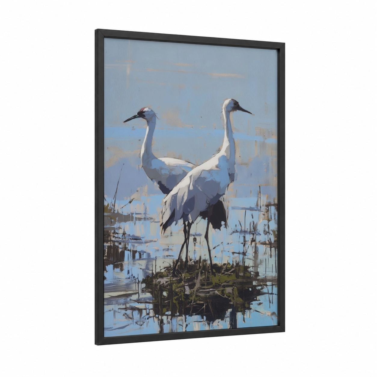 Marshland Cranes framed art print — black wood frame — blue and cream palette