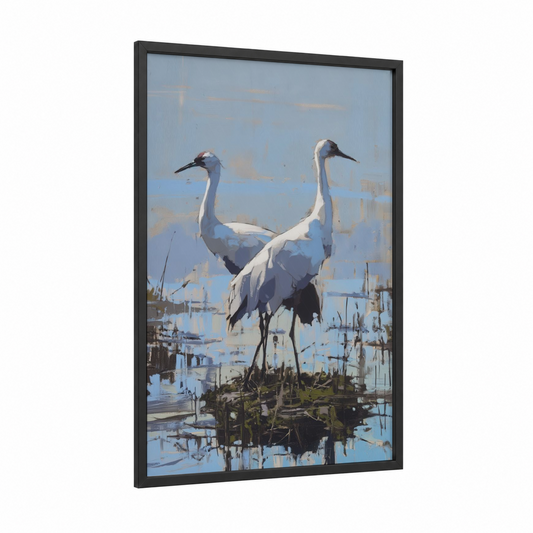Marshland Cranes framed art print — black wood frame — blue and cream palette