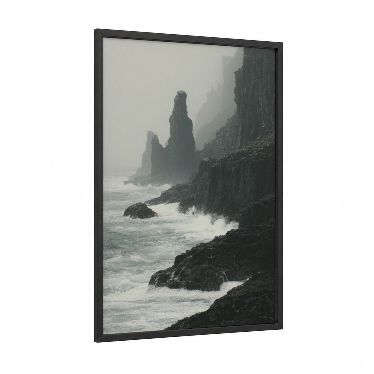 Misty Island Cliffs framed art print — black wood frame — black and white and gray palette