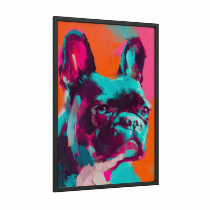 Pop Art Bulldog framed art print — black wood frame — magenta and blue palette