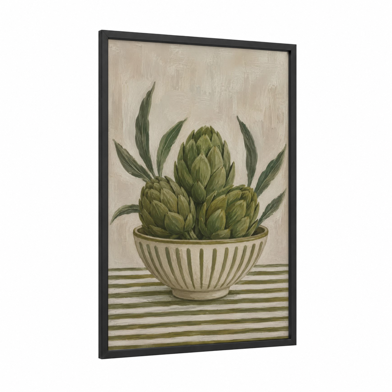Artichokes in Bowl Kitchen Wall Art framed vegetable print — black wood frame — sage green and beige palette