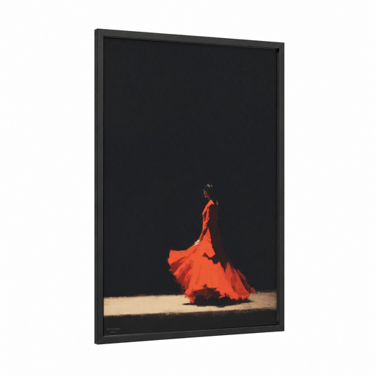 Crimson Flamenco framed art print — black wood frame — black and red palette