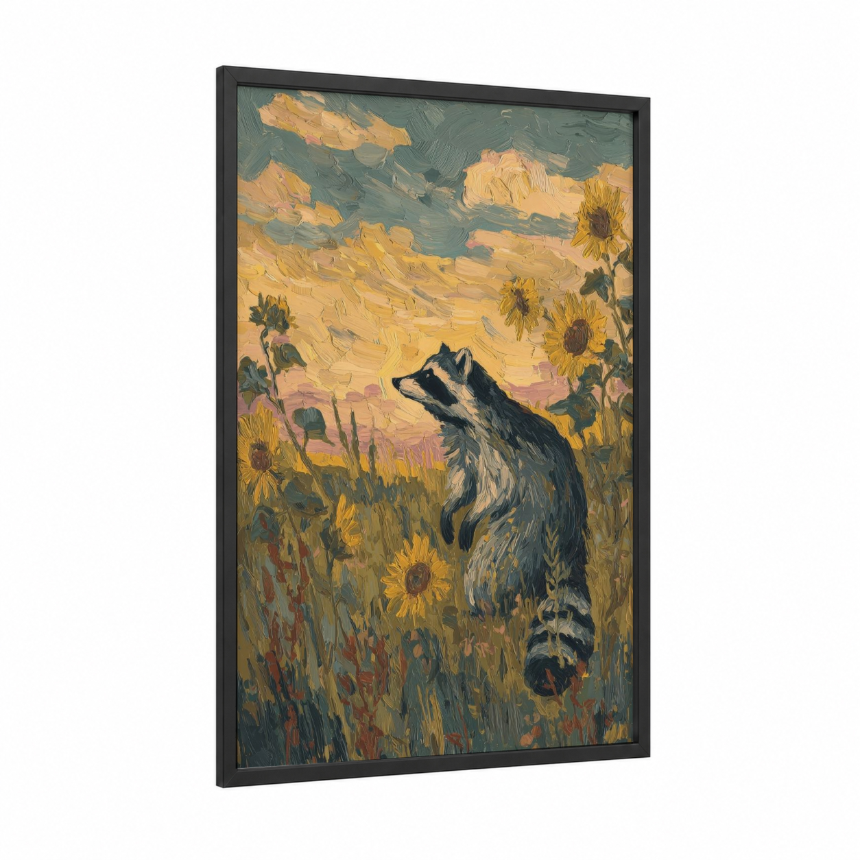 Sunflower Raccoon framed art print — black wood frame — gold and teal palette