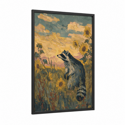 Sunflower Raccoon framed art print — black wood frame — gold and teal palette