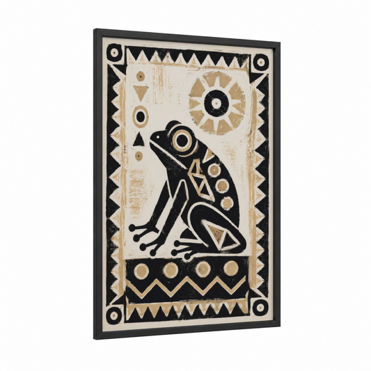 Geometric Frog Tribal Wall Art framed frogs and toads print — black wood frame — black and white and champagne gold palette