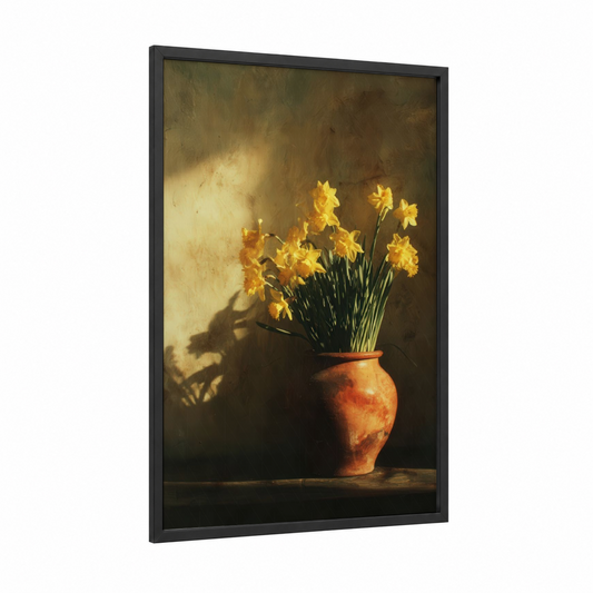 Golden Daffodil Arrangement framed daffodils print — black wood frame — gold and russet palette