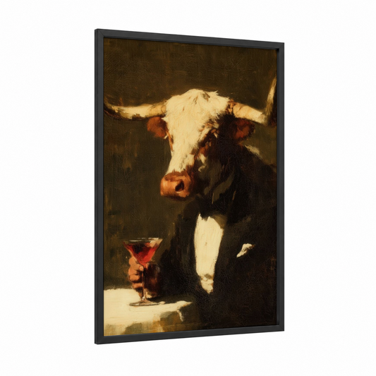 Dapper Longhorn framed longhorn cow print — black wood frame — brown and cream palette
