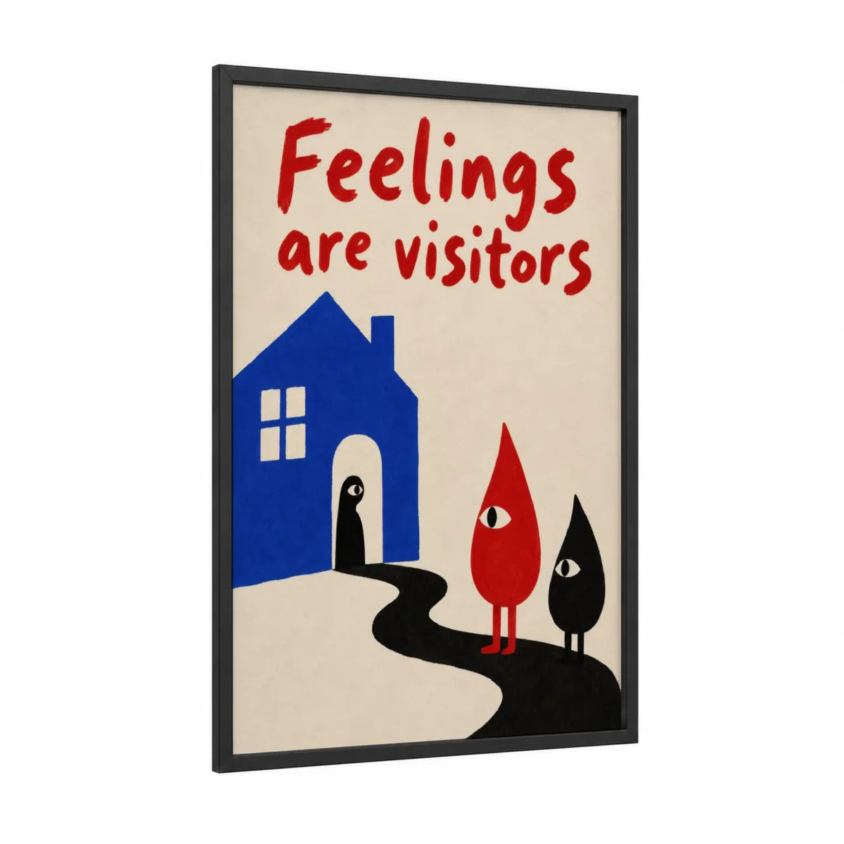 Abstract House With Visitors Wall Art framed art print — black wood frame — blue and red palette