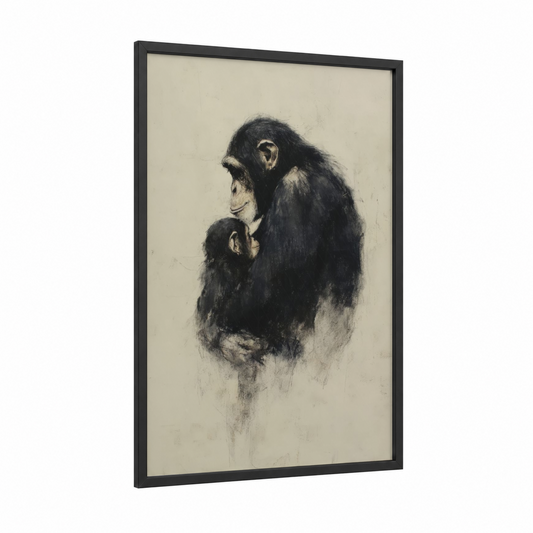 Mother Chimpanzee framed art print — black wood frame — black and cream palette